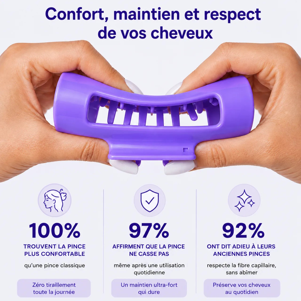 Pince Cushy NOVELIA tenue à deux mains : 100% confort, 97% maintien, 92% cheveux préservés